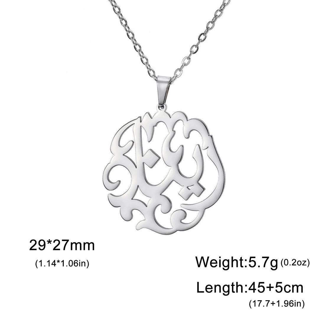 Silver necklace with an intricate pendant on a white background