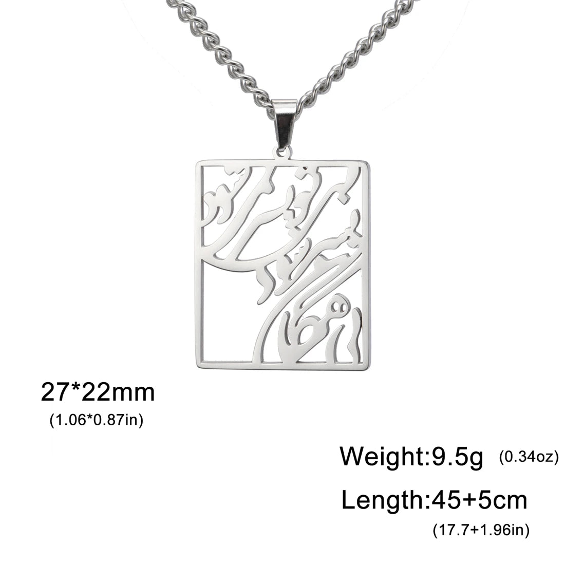 Silver rectangular pendant necklace with Arabic calligraphy cutout design, shown on a white background with text indicating dimensions 27*22mm, weight 9.5g, and length 45+5cm.