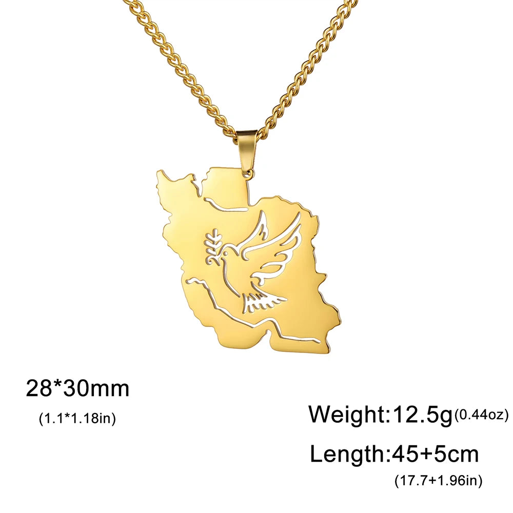 Gold-colored necklace with a map-shaped pendant featuring a dove design, shown on a white background with text detailing dimensions, weight, and length.
