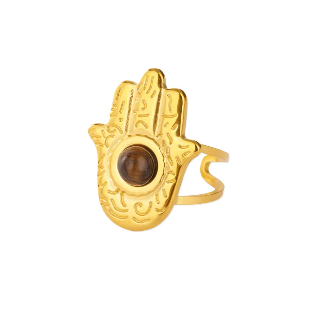 Brown Stone Hamsa Adjustable Ring