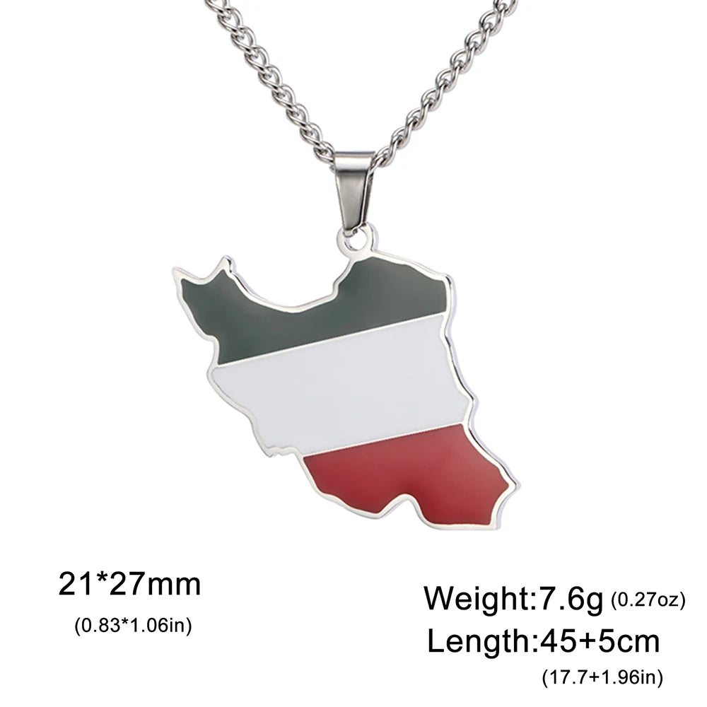 A silver-tone necklace with a pendant shaped like the map of Iran, filled with the Iraqi flag colors (green, white, and red) on a white background. Text overlays show the dimensions (21*27mm), weight (7.