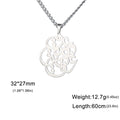 Silver-tone metal pendant necklace with a cutout Arabic calligraphy design on a chain, shown on a white background with size, weight, and length text overlays.