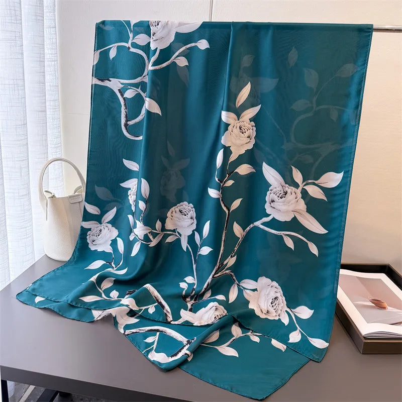 Light Blue Floral Silk-Blend Long Scarf