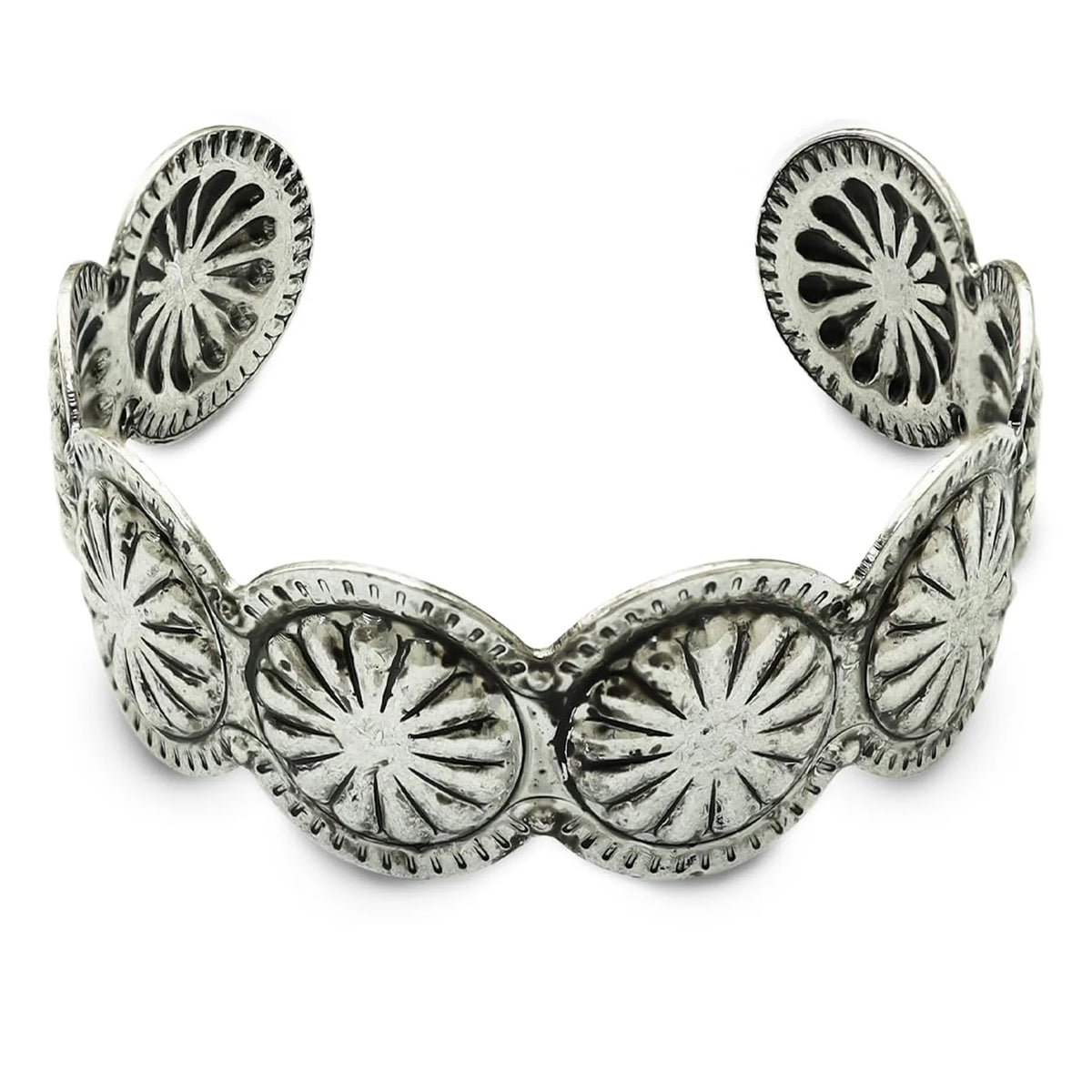 Silver-toned cuff bracelet with sunburst filigree medallions on white background