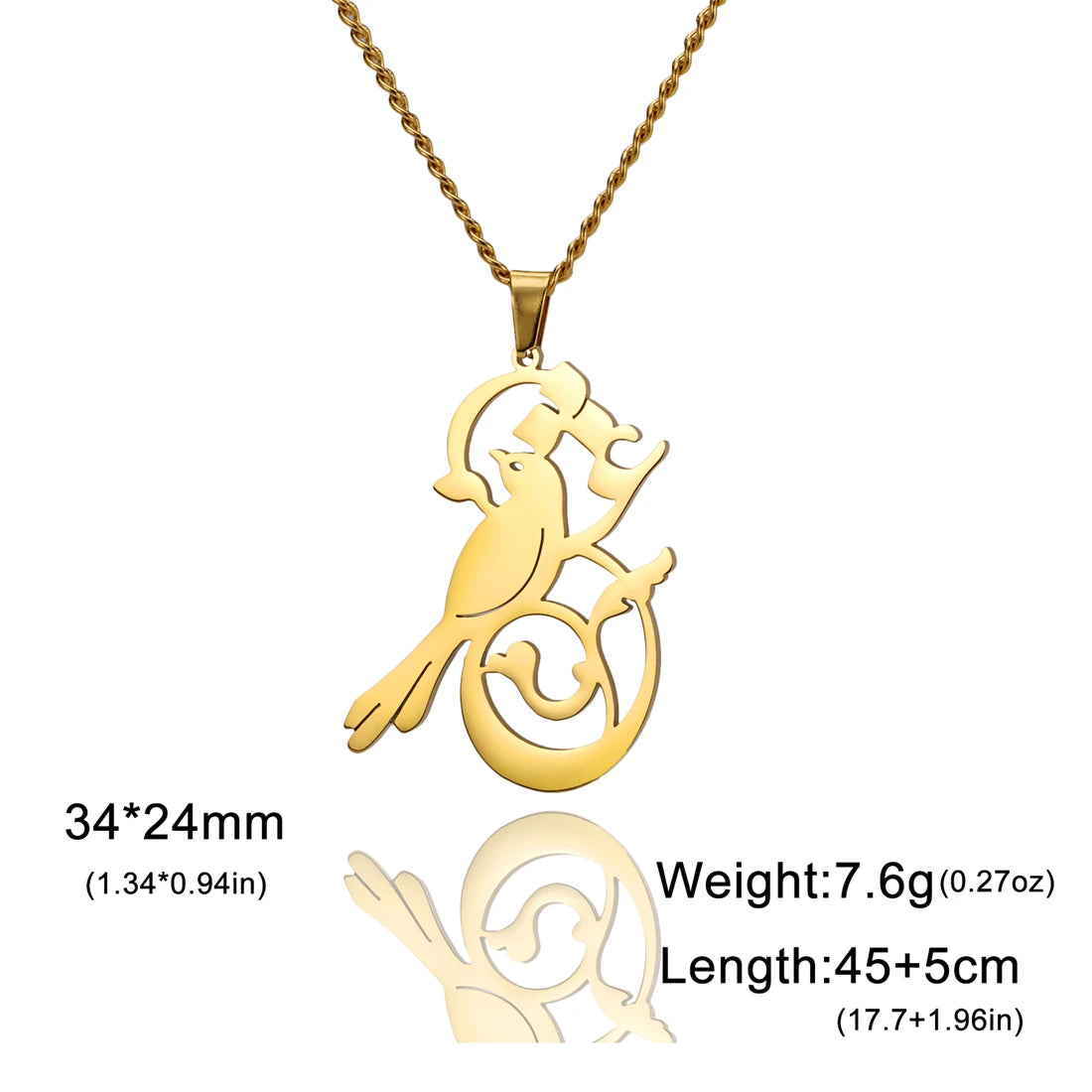 Gold necklace with bird and branch pendant on a white background