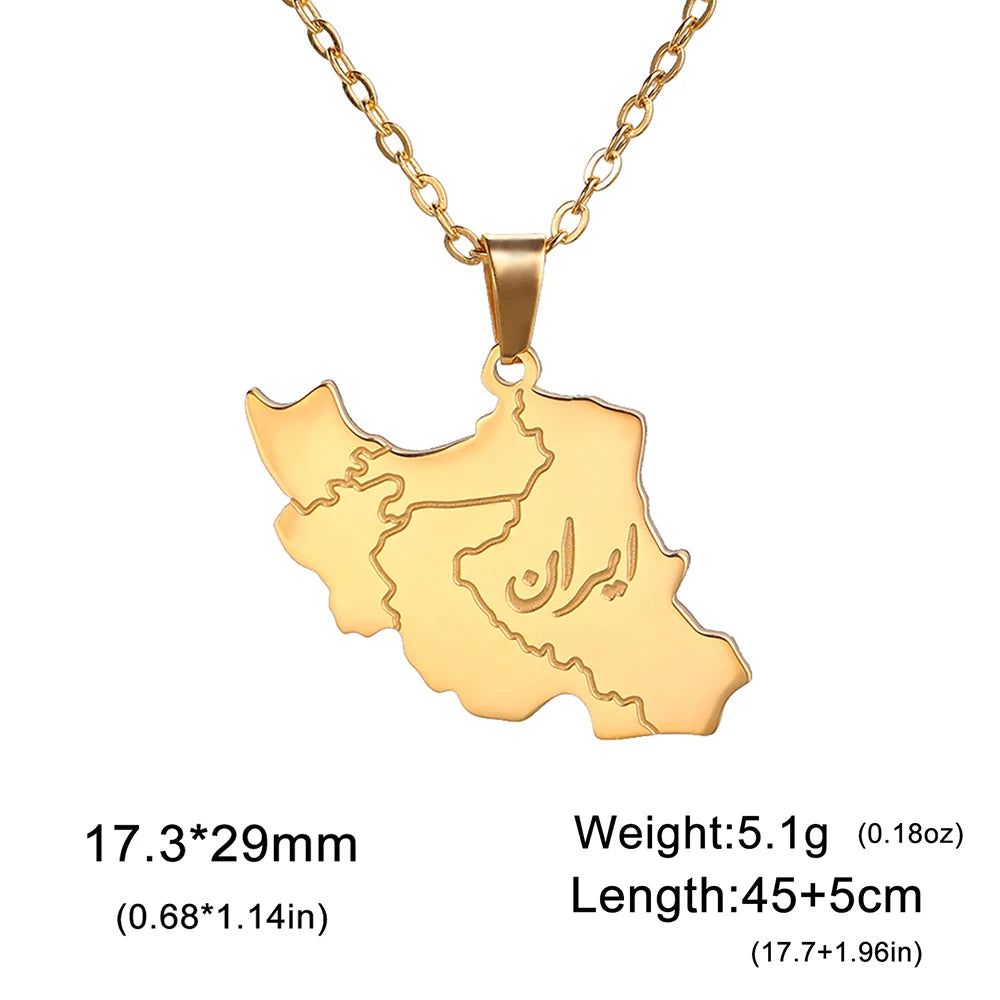 Gold-colored necklace with a pendant shaped like the map of Iran, featuring engraved details and Arabic script, shown on a white background with product dimensions and weight specifications.