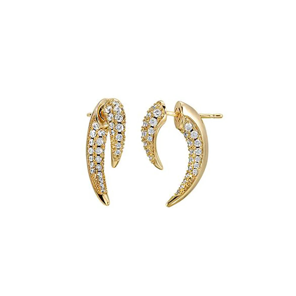 Gold earrings with diamond accents on a white background