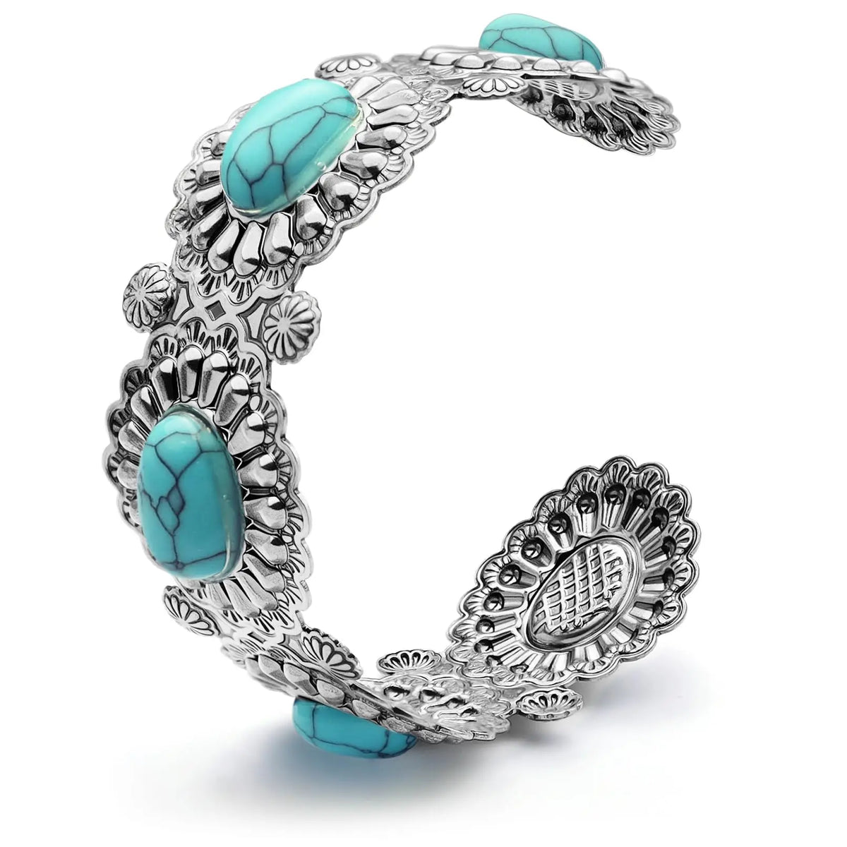 Silver-toned cuff bracelet with three oval turquoise stones on white background