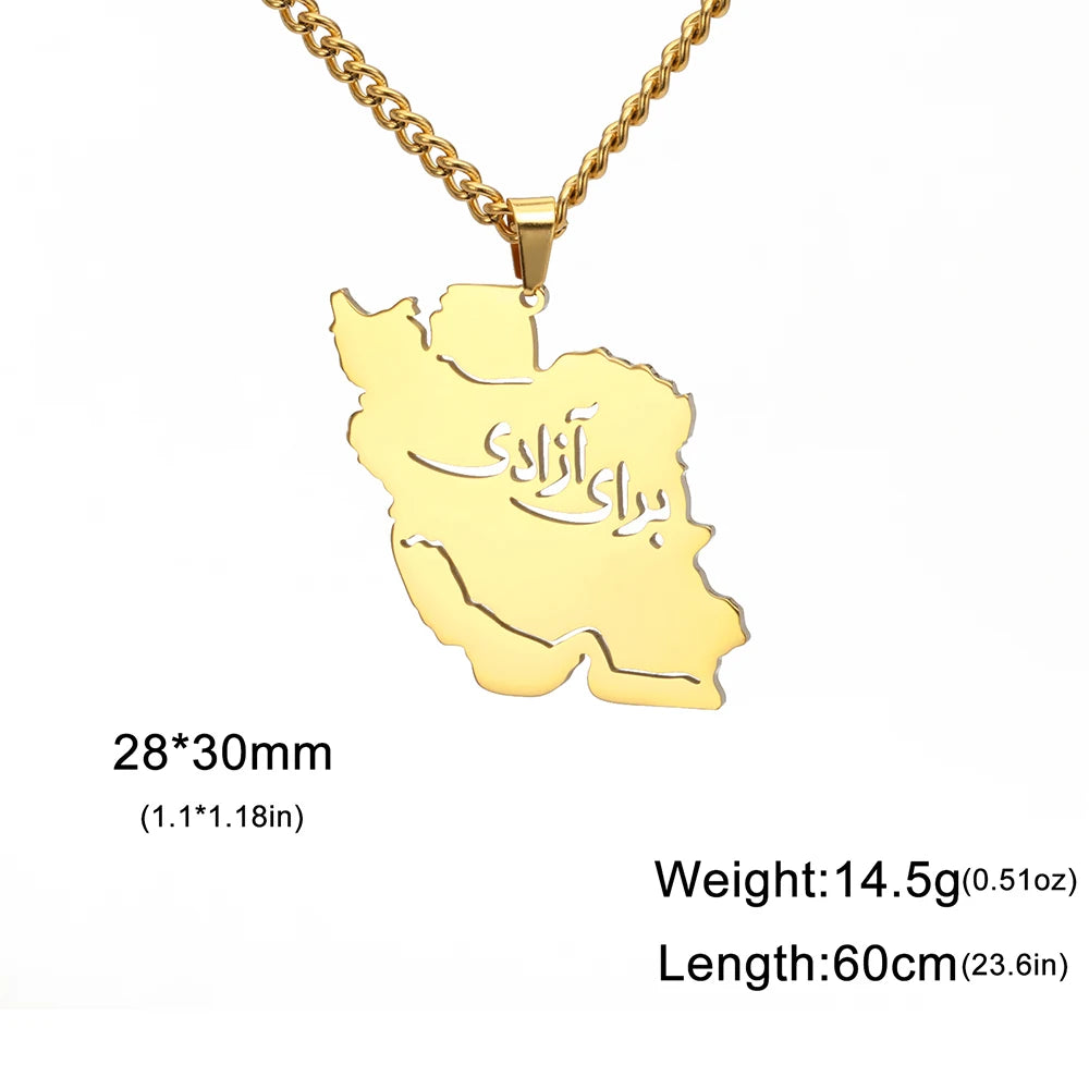 Gold-tone pendant necklace featuring a map-shaped pendant with Arabic calligraphy, shown on a white background with text indicating dimensions, weight, and length.