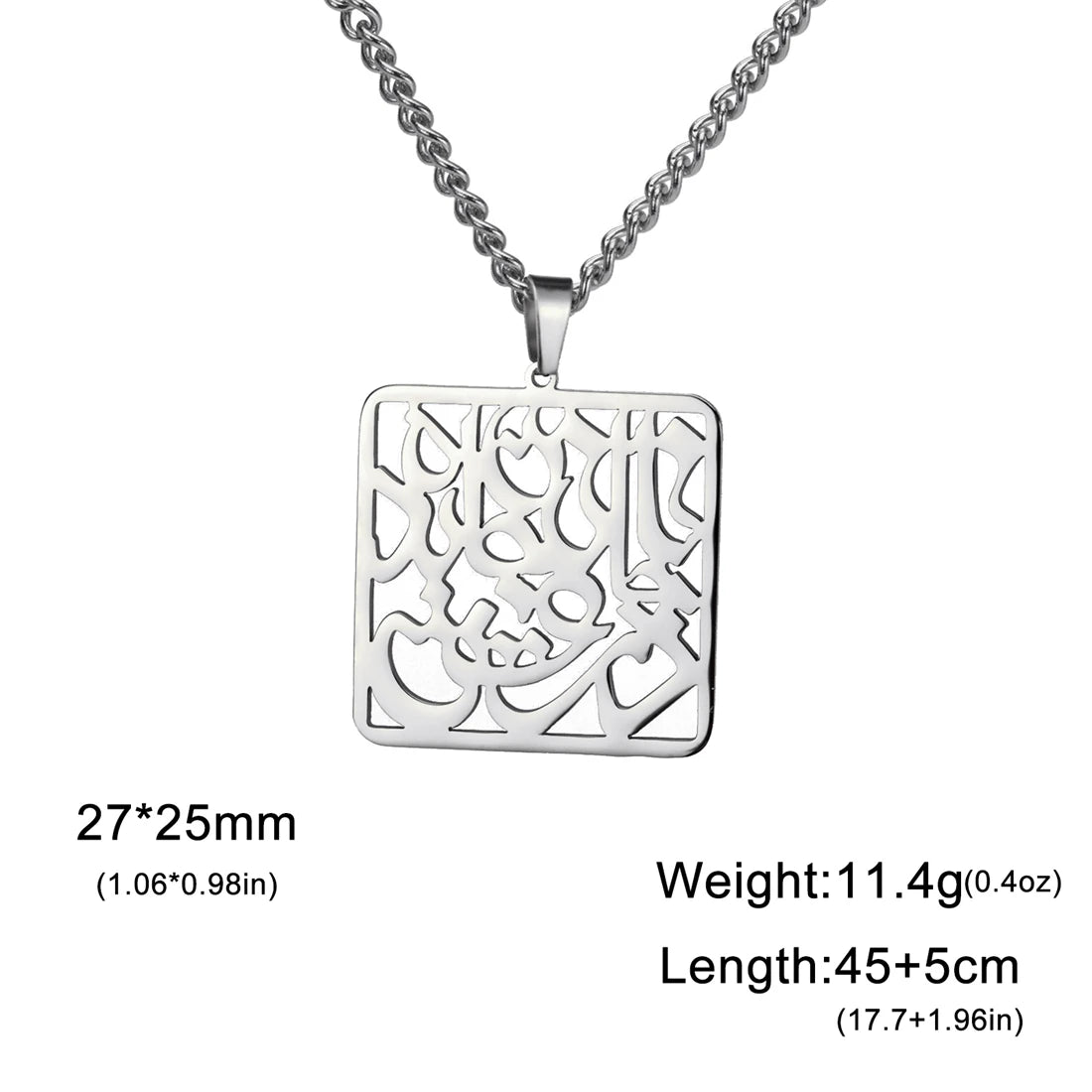 Silver square pendant necklace with intricate design on a white background