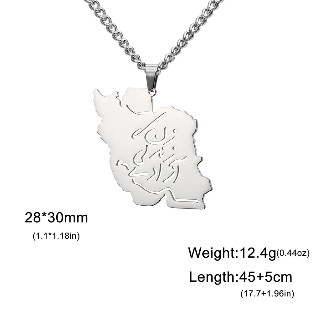 Silver necklace with a pendant shaped like the map of Iran, featuring Arabic calligraphy engraving, shown on a white background with size and weight specifications.
