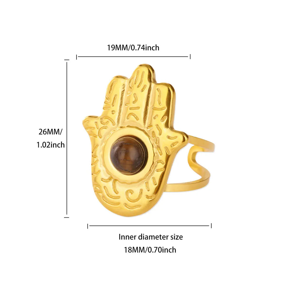 Brown Stone Hamsa Adjustable Ring