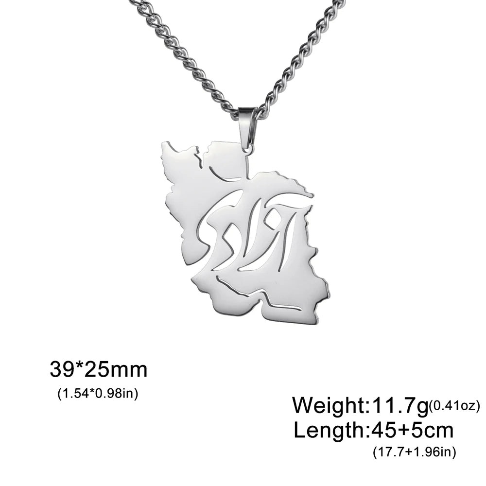 A silver necklace with a pendant shaped like the state of Arkansas, featuring a stylized 'AR' monogram cutout. The image includes text overlays showing the dimensions (39*25mm), weight (11.