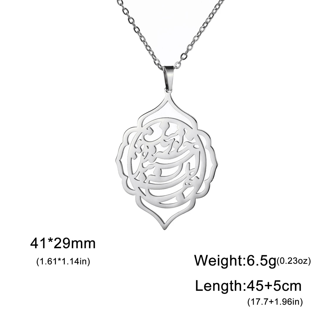 Silver necklace with a detailed pendant on a white background