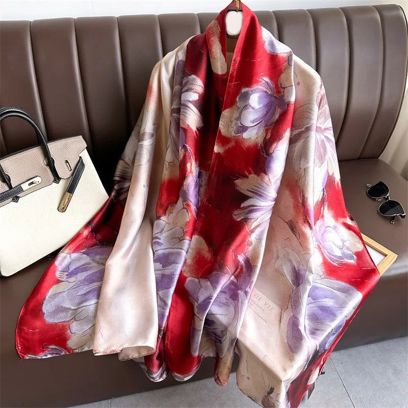 Red Floral Silk Headscarf