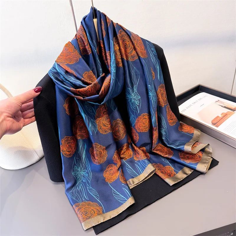Light Blue Floral Silk-Blend Long Scarf