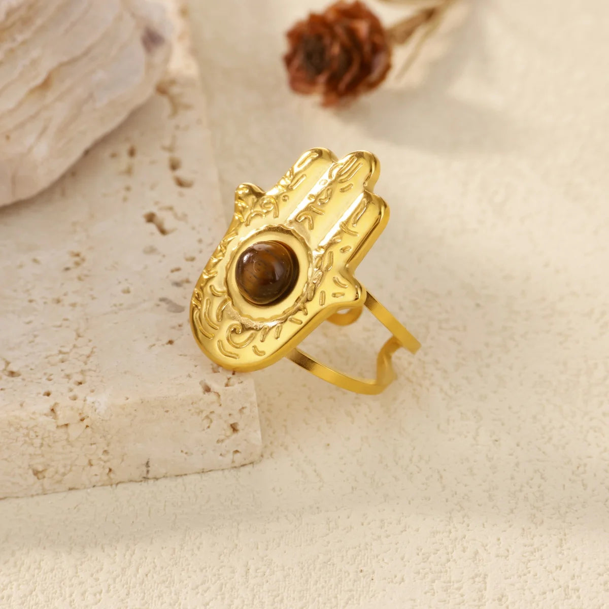 Brown Stone Hamsa Adjustable Ring