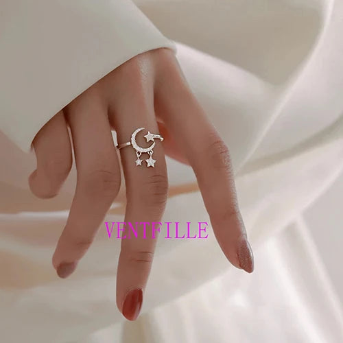 Crescent moon and star crystal stacking ring