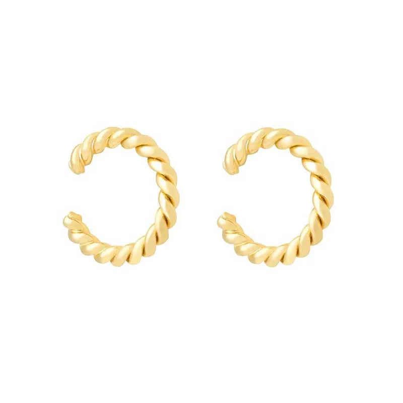 A pair of gold-toned twisted hoop earrings with a rope-like textured finish, shown on a plain white background.
