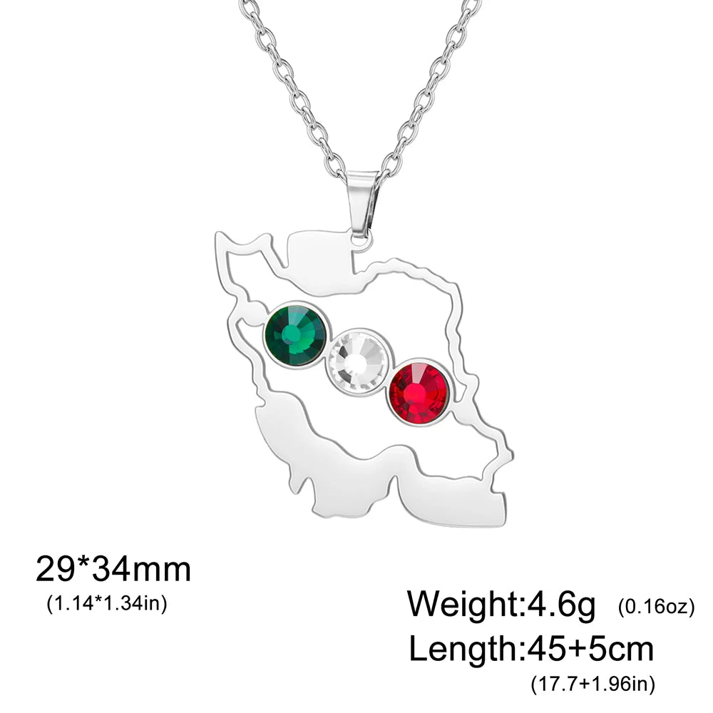 Silver necklace with gemstones in the shape of a map, showing dimensions and weight on a white background.