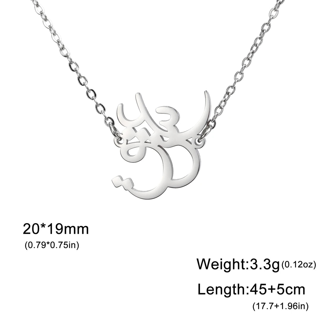 A silver Om symbol pendant necklace on a delicate link chain, shown against a plain white background with text indicating dimensions (20*19mm), weight (3.3g), and length (45+5cm).