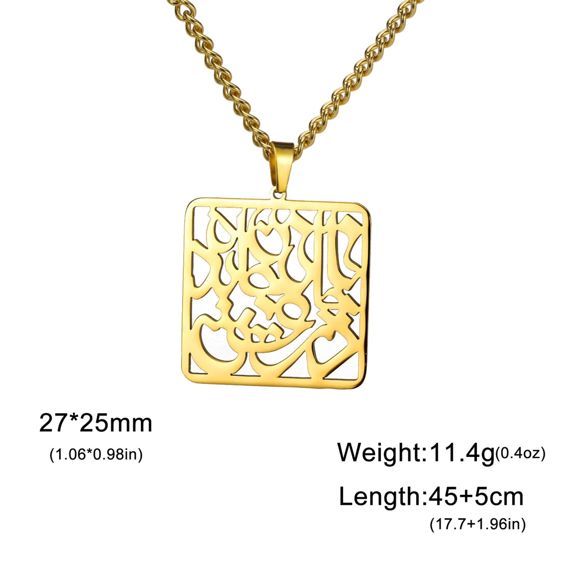 Gold necklace with a square pendant on a white background