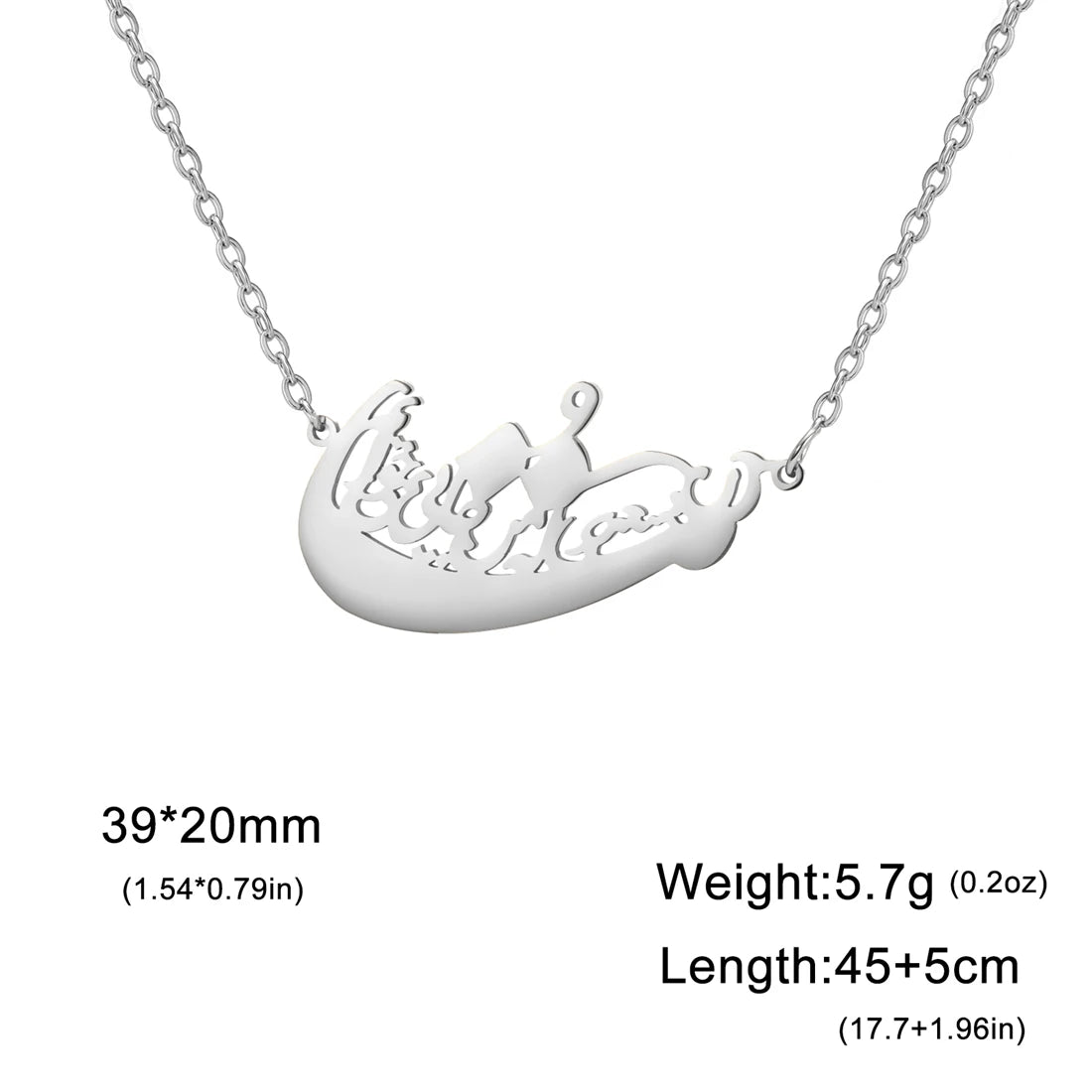 Silver necklace with a polished crescent moon pendant featuring a small angel figure, shown on a white background with text indicating dimensions, weight, and length.