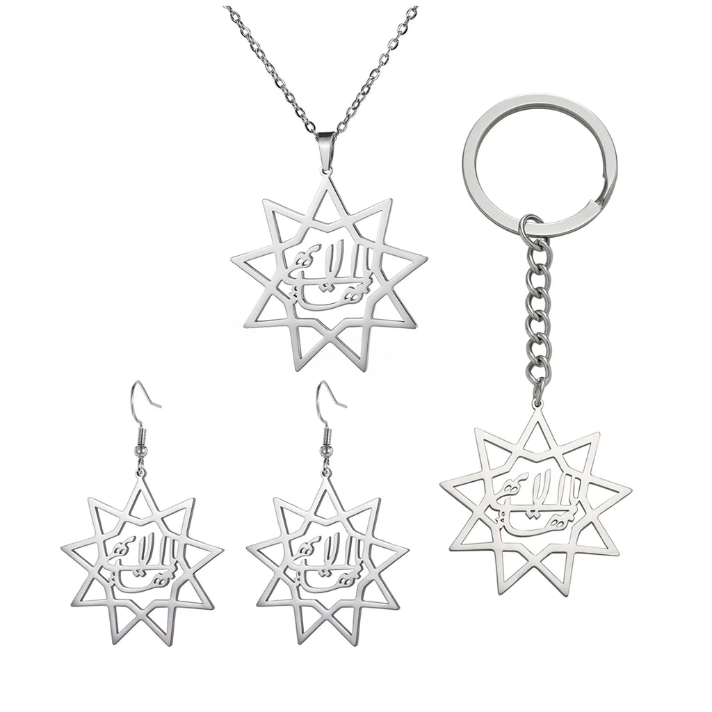 Silver star-shaped jewelry set with necklace, earrings, and keychain on a white background