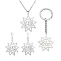 Silver star-shaped jewelry set with necklace, earrings, and keychain on a white background