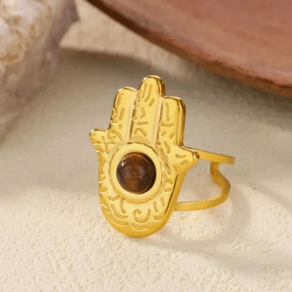 Brown Stone Hamsa Adjustable Ring