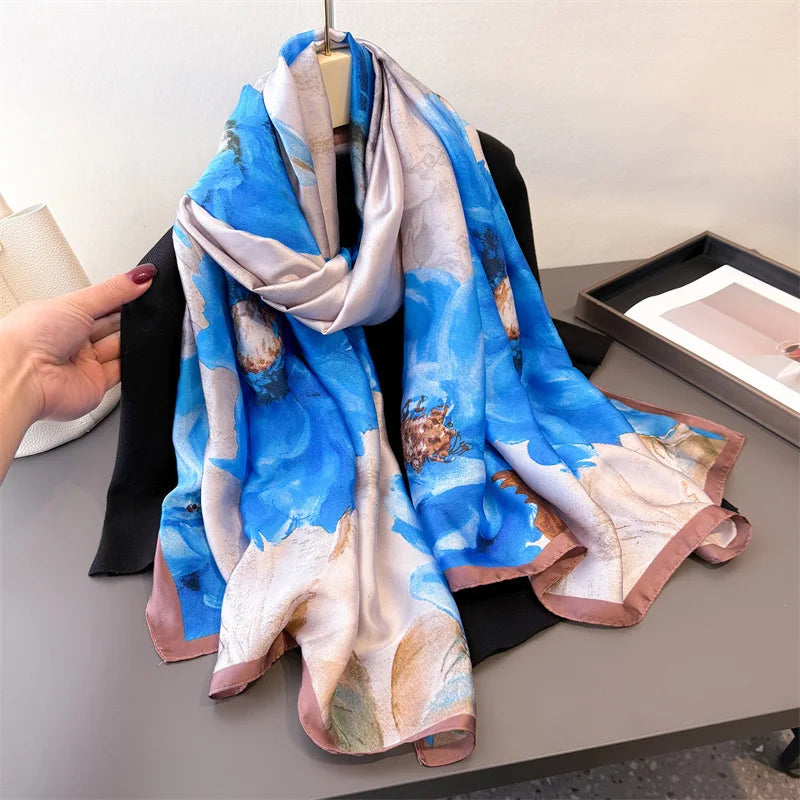 Light Blue Floral Silk-Blend Long Scarf by Adrissa Design — view 2