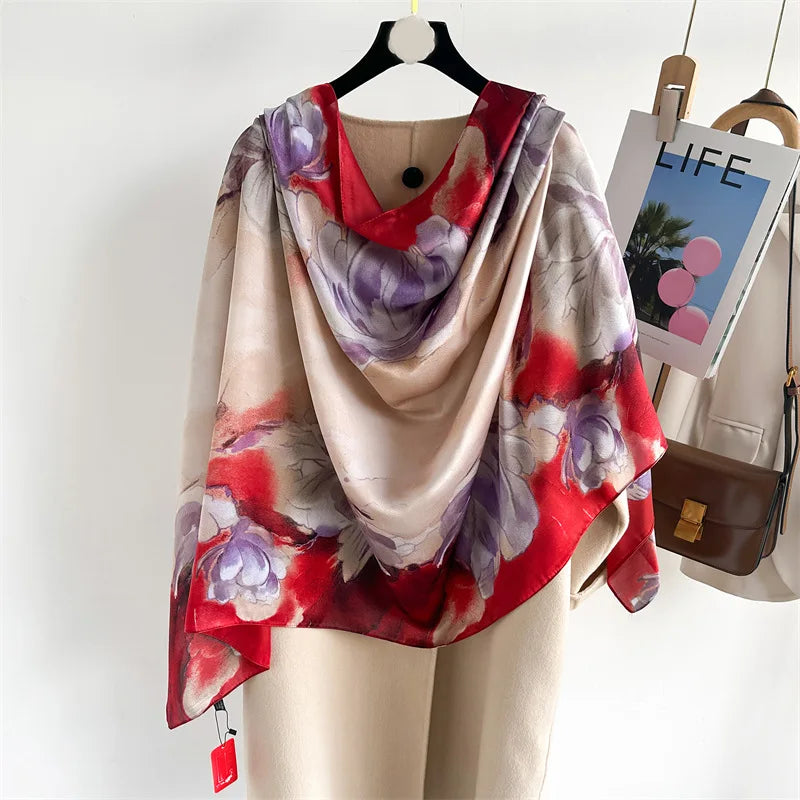 Red Floral Silk Headscarf