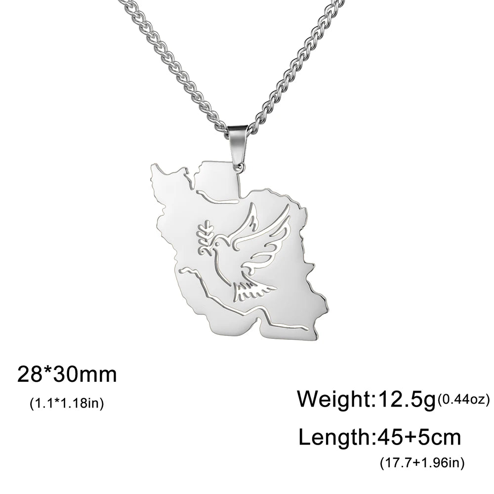 Silver-tone stainless steel pendant necklace featuring a map-shaped silhouette with a dove engraved in the center, suspended from a matching chain on a white background with size, weight, and length text overlays.