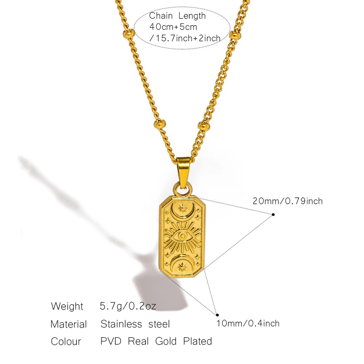 Gold evil eye pendant necklace with chain length, weight, material and color details