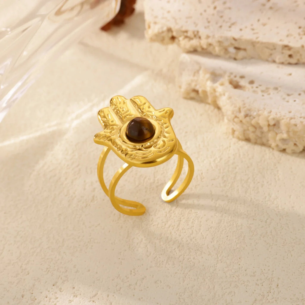 Brown Stone Hamsa Adjustable Ring