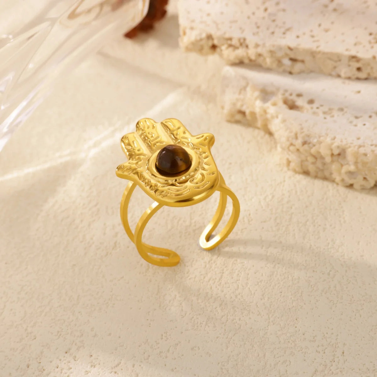 Brown Stone Hamsa Adjustable Ring