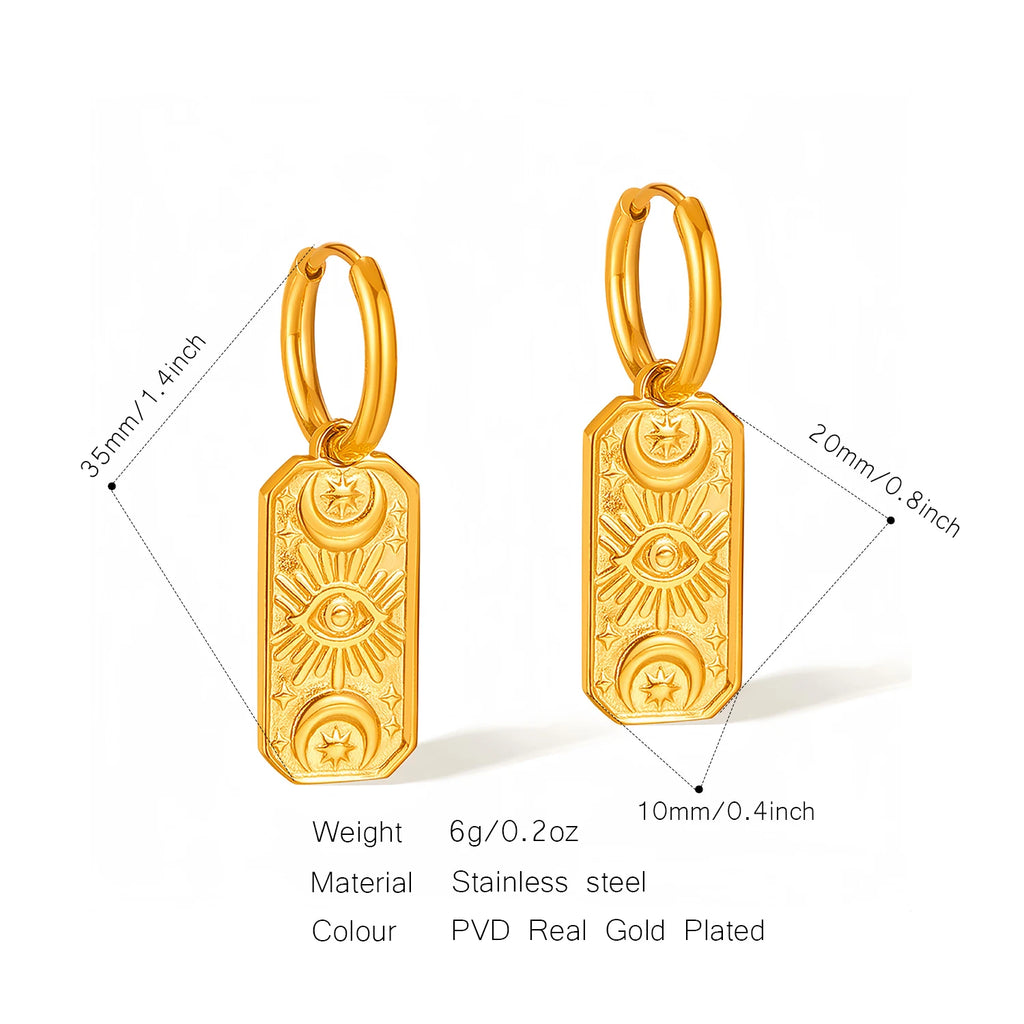 Gold evil eye earrings with engraved designs, measurements and material details