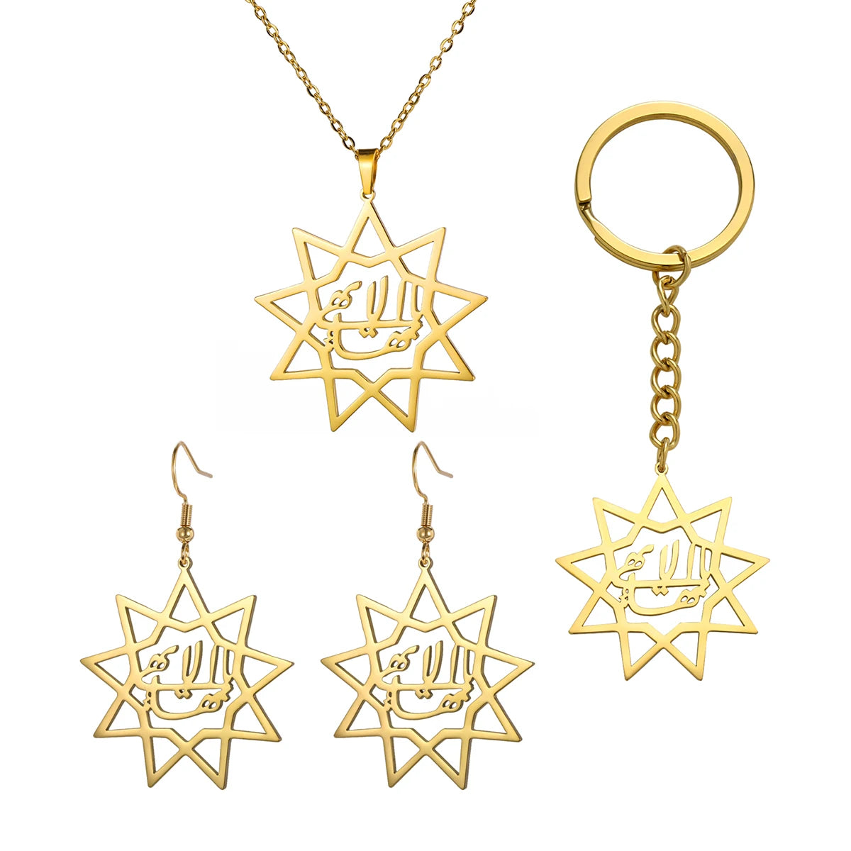 Gold jewelry set with star-shaped pendants on a white background