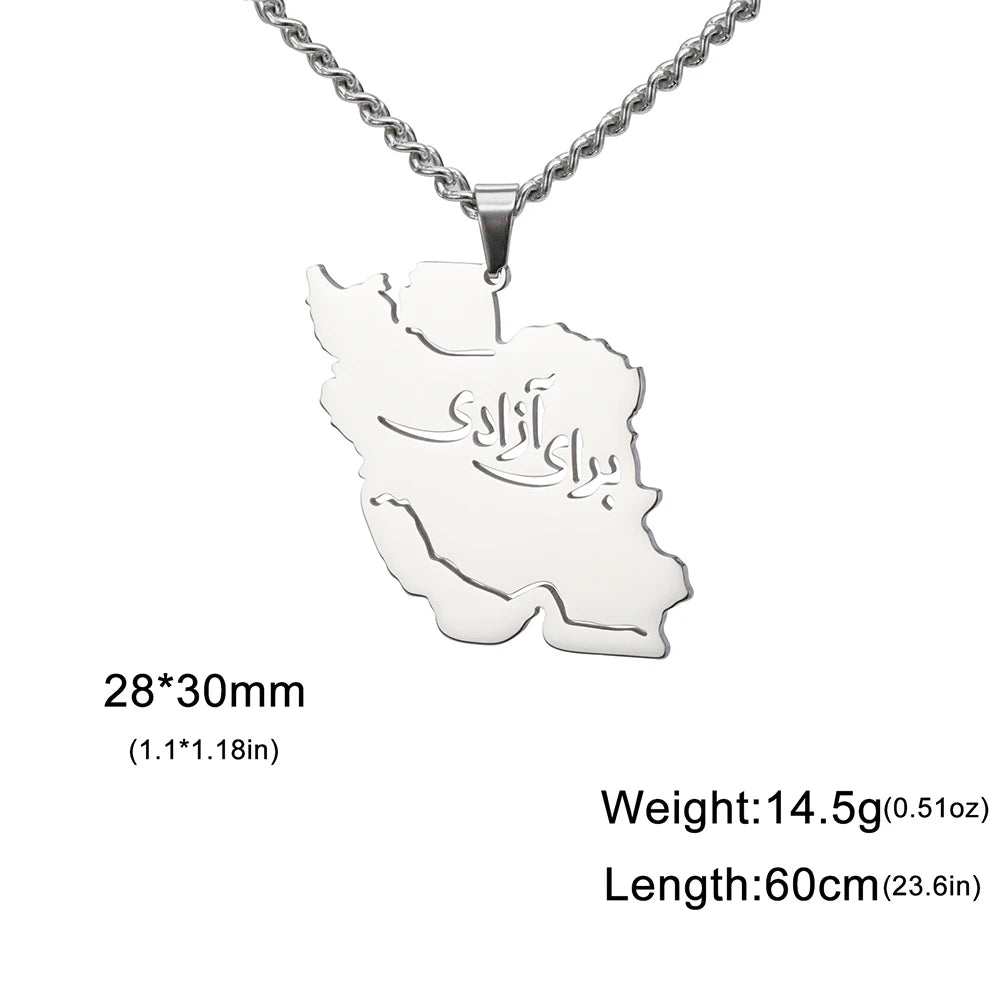 Silver-tone metal pendant necklace on a chain, shown on a white background with printed dimensions and weight details. The pendant has an engraved script design.