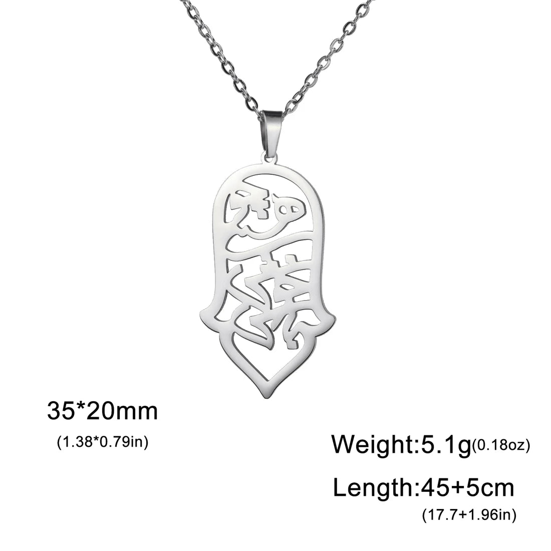 Silver Hamsa pendant necklace with measurements on a white background