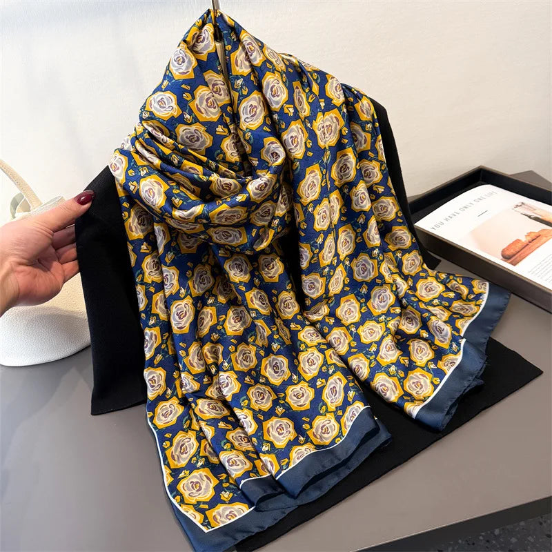 Light Blue Floral Silk-Blend Long Scarf