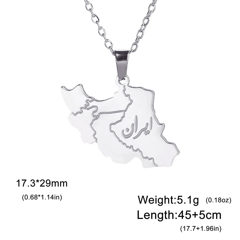 Silver necklace with a map-shaped pendant of Iran, featuring engraved Arabic script and dimensions, weight, and length details on a white background.