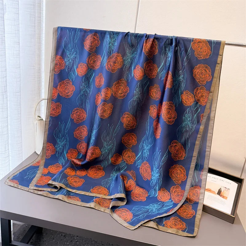 Light Blue Floral Silk-Blend Long Scarf