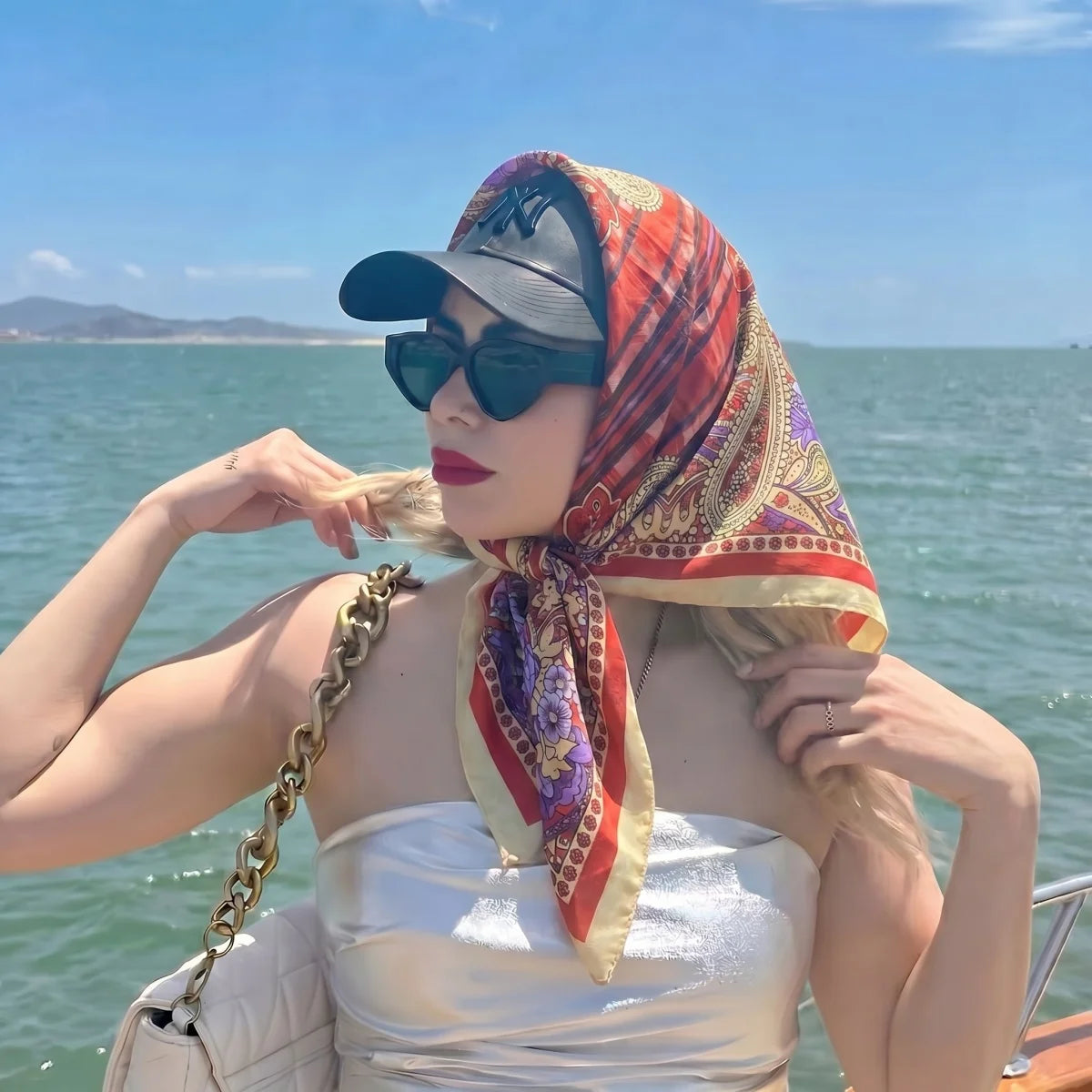 Printed Satin Square Hijab Scarf
