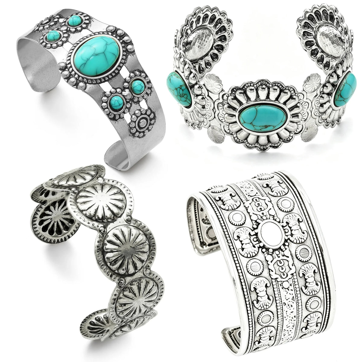 Four silver-toned cuff bracelets with turquoise stones and intricate filigree detailing, arranged on a plain white background.