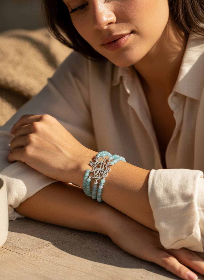 Model wearing the amethyst calligraphy bracelet