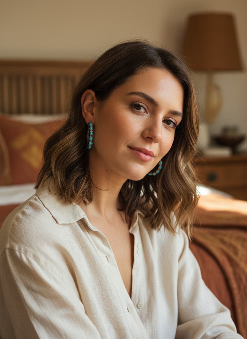 Model wearing the silver-plated turquoise loop earrings