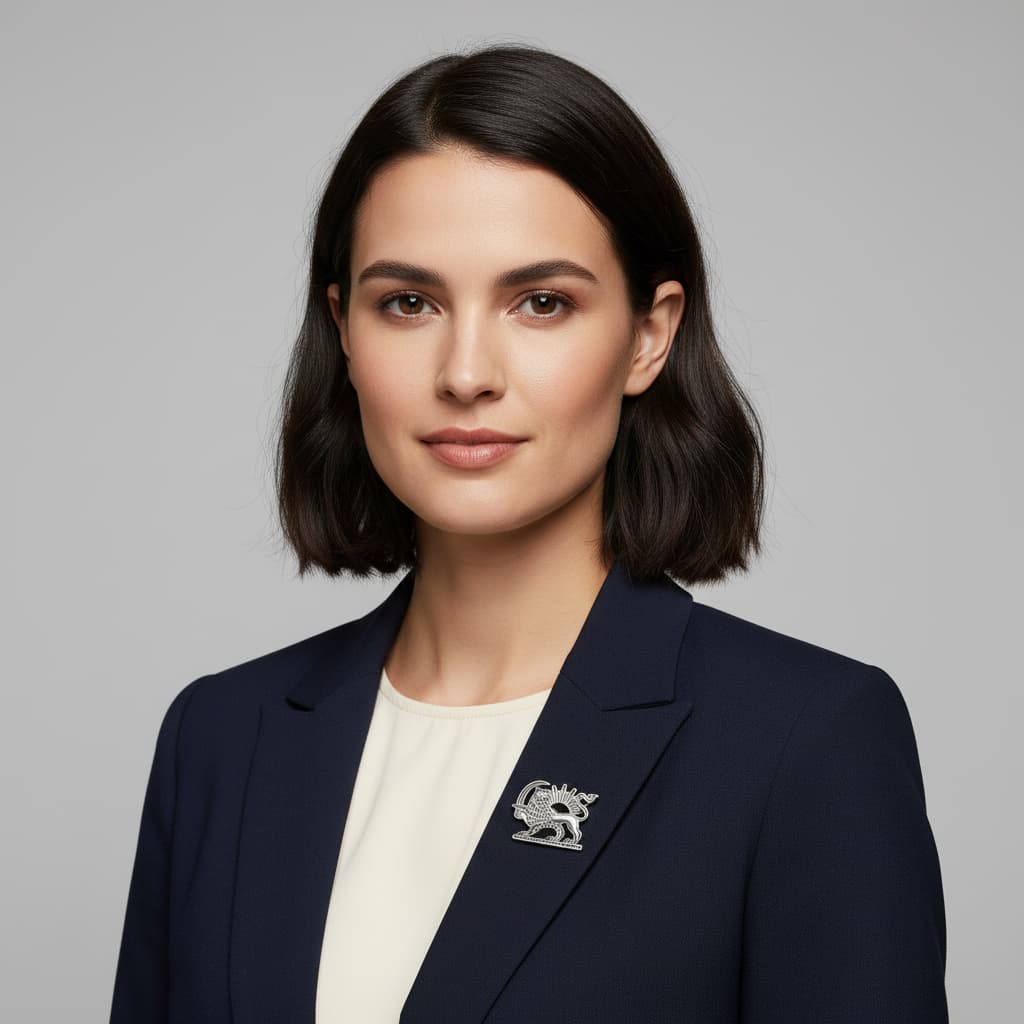 Model wearing the silver-tone Shir-o-Khorshid lion and sun brooch on a navy blazer