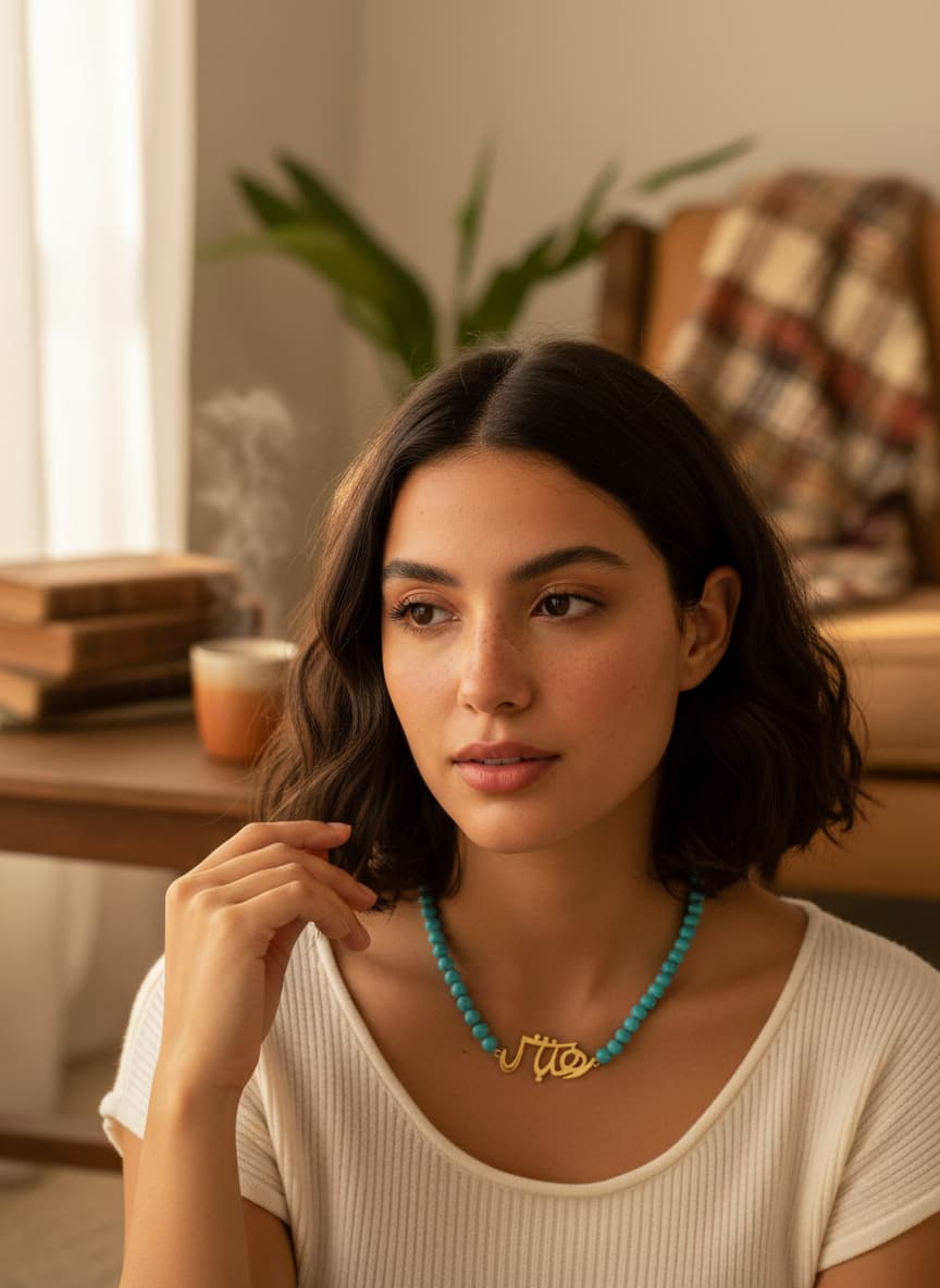 Model wearing the turquoise beaded necklace with calligraphy centerpiece