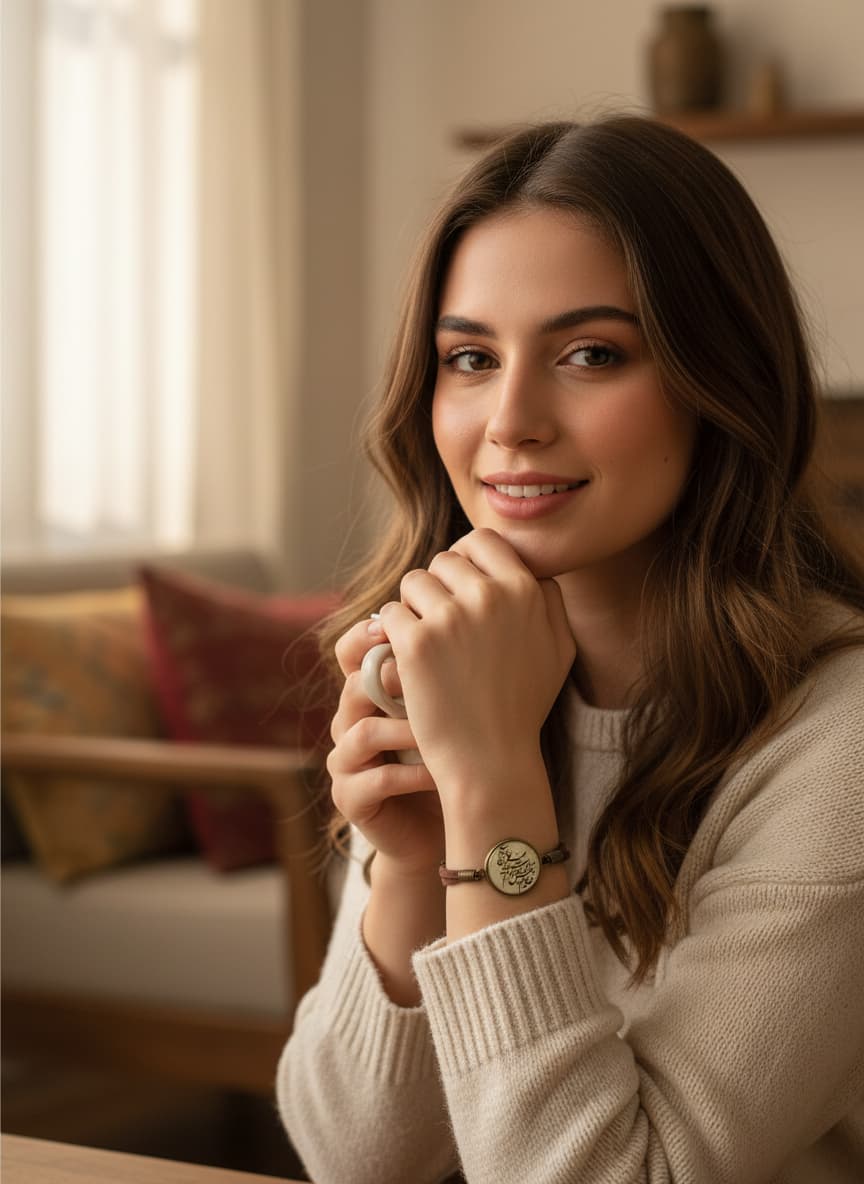 Model wearing the leather calligraphy bracelet